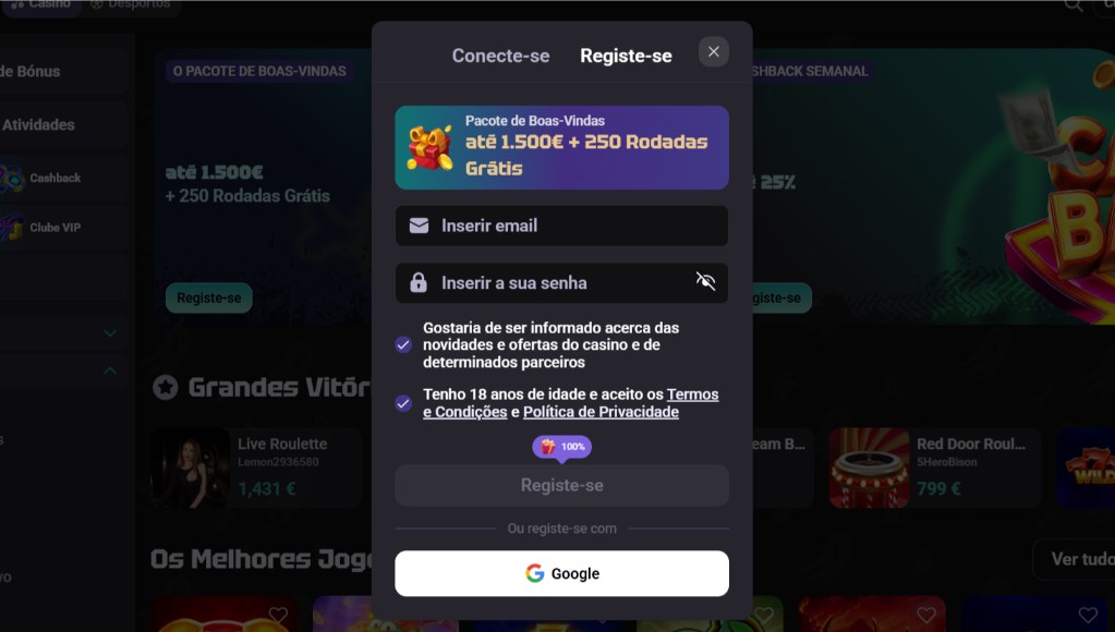 Formulário de criação de conta no casino Need for Slots