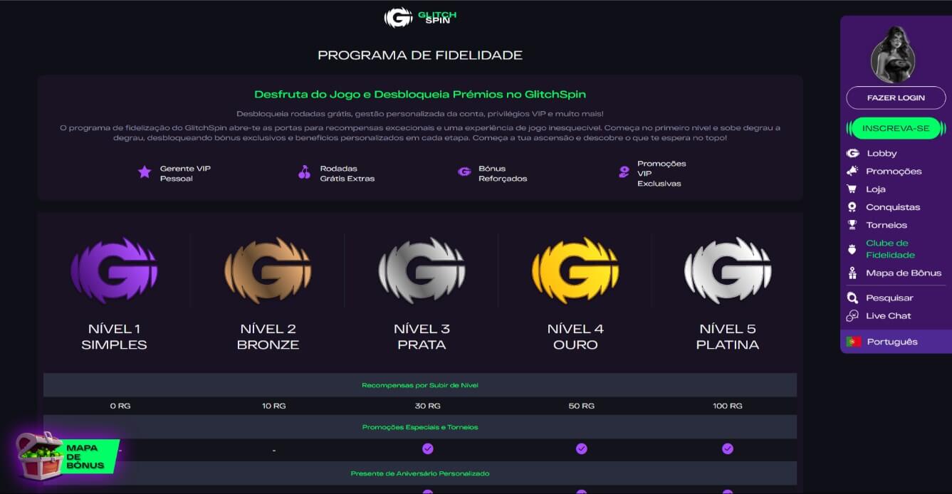 Níveis do clube VIP da Glitch Spin