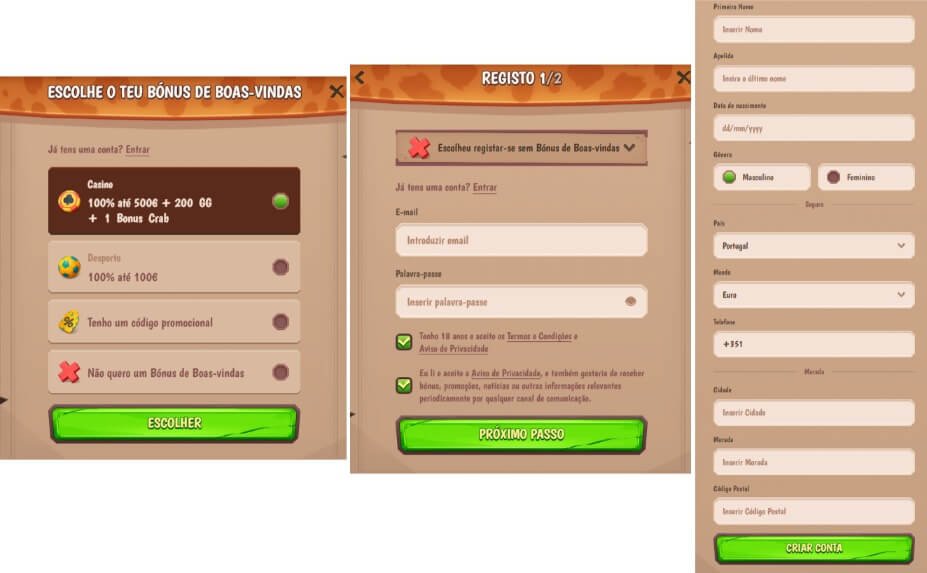 Formulários de registo do casino Stonevegas